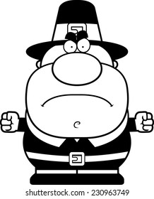 A cartoon illustration of a pilgrim with an angry expression.
