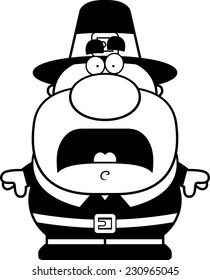 A cartoon illustration of a pilgrim looking scared.
