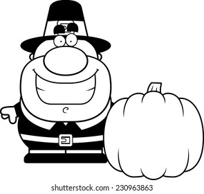 A cartoon illustration of a pilgrim with a pumpkin.