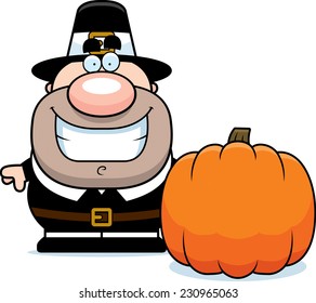 A cartoon illustration of a pilgrim with a pumpkin.