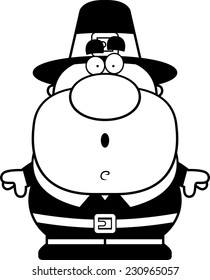 A cartoon illustration of a pilgrim with a surprised expression.