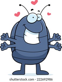 A cartoon illustration of a pill bug ready to give a hug.