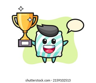Cartoon Illustration of pillow is happy holding up the golden trophy , cute style design for t shirt, sticker, logo element