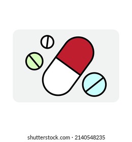 Cartoon illustration with pills. Icon for medical design. Medical treatment. Vector illustration. stock image. 