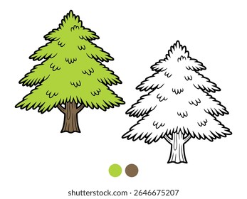 Cartoon illustration of a pine tree, both colored and as an outline for coloring, with a small color palette. Ideal for children's educational materials, nature themes, or craft activities.