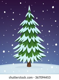 Cartoon illustration of the pine tree covered with snow.