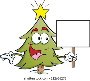 Cartoon illustration of a Pine tree holding a sign