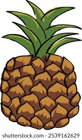 A cartoon illustration of a pineapple with a brown spiky skin and a green crown of leaves.