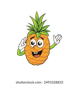 Cartoon illustration of a pineapple with a cute facial expression and big eyes. Suitable for use in children's designs, merchandise products, or social media decoration.