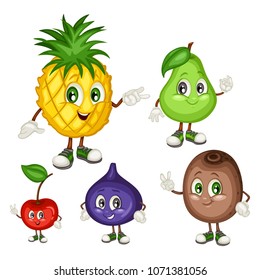Cartoon Illustration of a Pineapple, Pear, Fig, Kiwifruit and Cherry. Cute Fruit Mascots. Vector Illustration