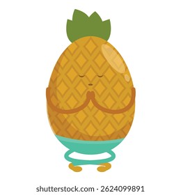 Cartoon illustration of a pineapple practicing yoga and meditating, promoting a healthy lifestyle