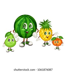 Cartoon Illustration of a Pineapple, Watermelon, Pear and Mandarin. Cute Fruit Mascot. Vector Illustration
