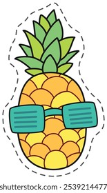 Cartoon illustration of a pineapple wearing sunglasses, with a big smile and a cut out outline. Perfect for designs related to summer, tropical destinations, and fun