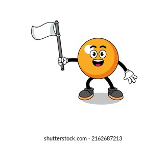 Cartoon Illustration of ping pong ball holding a white flag , character design