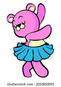 Cartoon illustration of pink bear doll wearing skirt and do dancing ballet, best for sticker, mascot, and logo with dance themes for kids