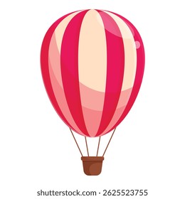 Cartoon illustration of a pink and beige hot air balloon floating in the sky, representing adventure and travel