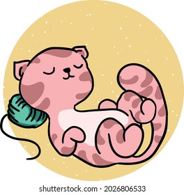 Cartoon illustration of a pink cat lying down on a skein of yarn