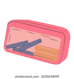 Cartoon illustration of a pink cosmetic bag with makeup items like eyeliner or mascara and other products inside, perfect for beauty and fashion projects.