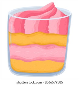 Cartoon illustration with pink dessert in glass. Vector hand drawn graphic. Single food isolated art.