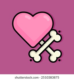 Cartoon illustration of pink heart for love with cross shaped bones with outline style. Can be used for birthdays, parties, Valentine Day, celebrations and printed on t-shirts, hoodies, tote bags