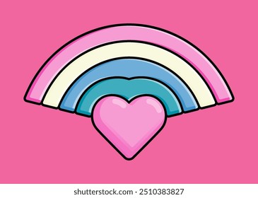 Cartoon illustration of pink heart and rainbow on top with outline style. Can be used for birthdays, parties, Valentine Day, celebrations and printed on t-shirts, hoodies, tote bags