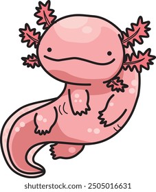 cartoon illustration of a pink Mexican axolotl with gills that is swimming and smiling