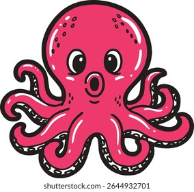 Cartoon illustration of a pink octopus with big eyes and a surprised expression.