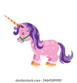 cartoon illustration, pink unicorn with a big horn and a purple mane, isolated object on a white background, vector, eps