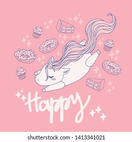 Cartoon illustration of pink unicorn.  Colorful flat vector on white, postcard design