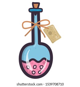 Cartoon illustration with pink witch poison bottle on transparent background.Halloween party decoration elements. Vector art.