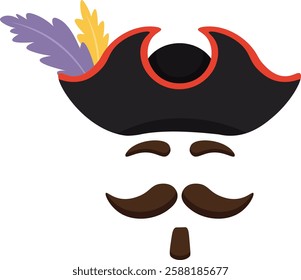 Cartoon illustration of a pirate captain face wearing a black tricorn hat with red brim decorated with purple and yellow feathers, thick brown eyebrows, handlebar mustache and goatee beard