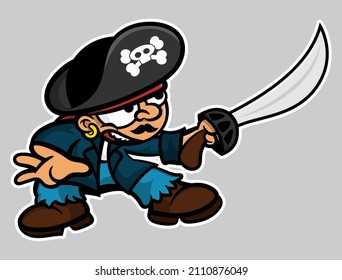 Cartoon illustration of pirate captain wearing cap with skull and crossbone logo and fight with sabre, best for mascot, logo, sticker, and decoration with pirate themes