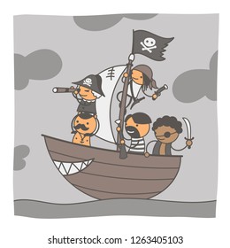 cartoon illustration pirate gang on a ship