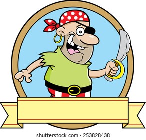 Cartoon illustration of a pirate inside a circle with a banner.