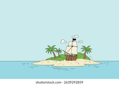 Cartoon illustration of a pirate ship anchored near a tropical island with palm trees, against a light blue sky and ocean backdrop.
