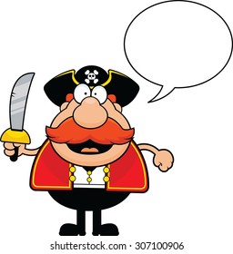 Cartoon illustration of a pirate talking with a speech bubble. 