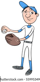Cartoon Illustration of Pitcher Baseball Player Character with Glove and Ball
