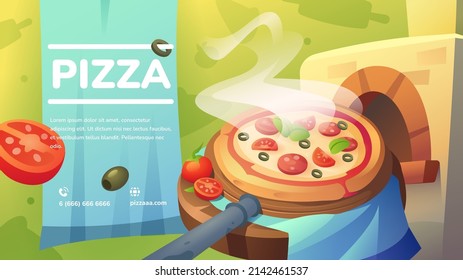 Cartoon illustration of pizza baked in the oven. Perfect for designing websites, menus, business cards, banners, poster, covers, flyers. (Font Nunito)