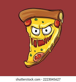 Cartoon Illustration of Pizza with Evil Laugh Facial Expression. Fast Food Monster Cartoon Character Illustration.