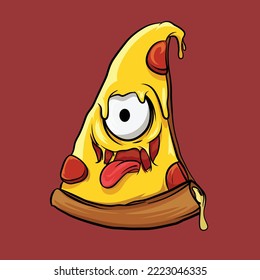 Cartoon Illustration of Pizza with Mocking Facial Expression. Fast Food Monster Cartoon Character Illustration.