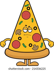 Cartoon illustration of a pizza slice with a grumpy expression. 