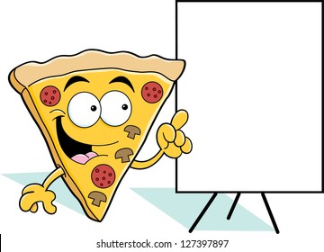 Cartoon illustration of a pizza slice pointing to a sign.