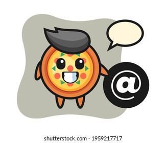 Cartoon illustration of pizza standing beside the At symbol, cute style design for t shirt, sticker, logo element