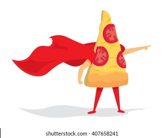 Cartoon illustration of pizza super hero saving the day