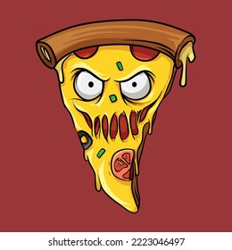 Cartoon Illustration of Pizza with Wicked Grin Facial Expression. Fast Food Monster Cartoon Character Illustration.