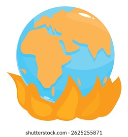 Cartoon illustration of planet earth burning in flames showing global warming
