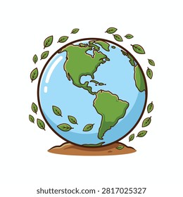 A cartoon illustration of planet Earth surrounded by floating green leaves, representing environmental protection and nature conservation.