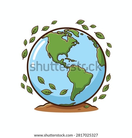 A cartoon illustration of planet Earth surrounded by floating green leaves, representing environmental protection and nature conservation.