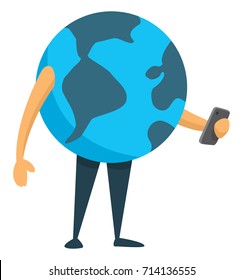 Cartoon illustration of planet earth using a mobile phone