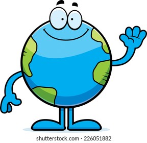 A cartoon illustration of the planet Earth waving.